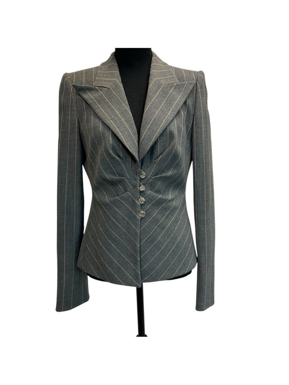 Armani Collezioni gray tailored structured pinstriped ruched blazer jacket 42